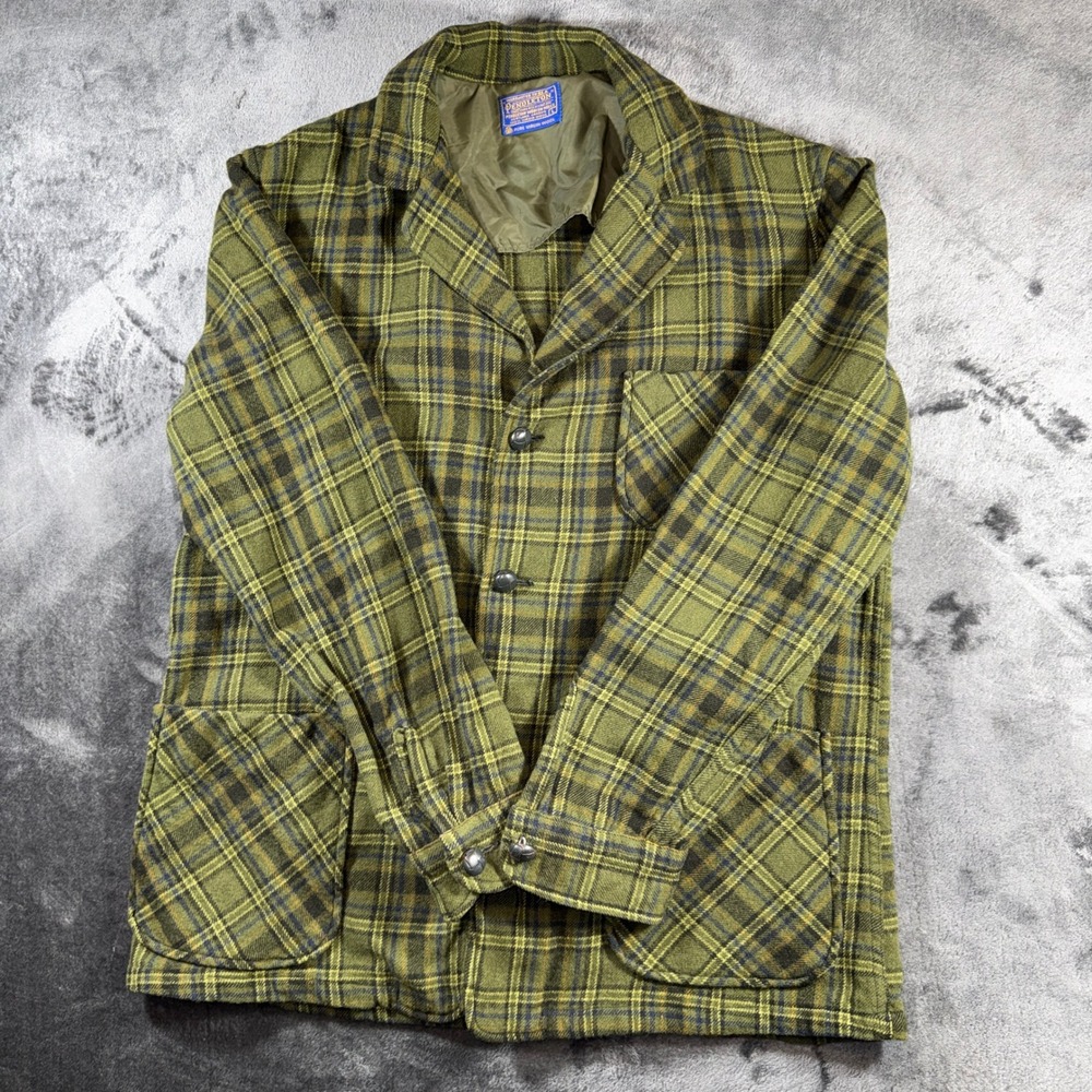 Vintage Pendleton Wool Plaid Jacket Mens Large Green Yellow 3 Button Field Coat